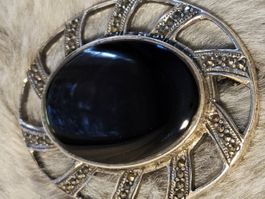 Vintage Onyx Sterling Silber Markasiten Brosche
