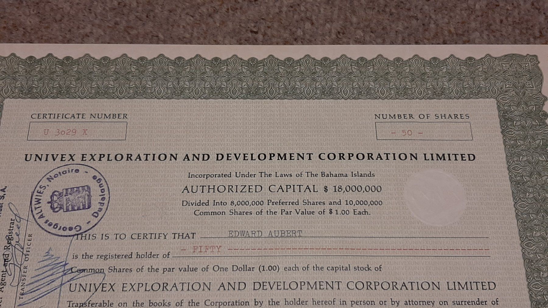 Documenti: Aktie Univex Exploration and Development Corporation Limited – Usato da Porza venduto da ulletta1 1