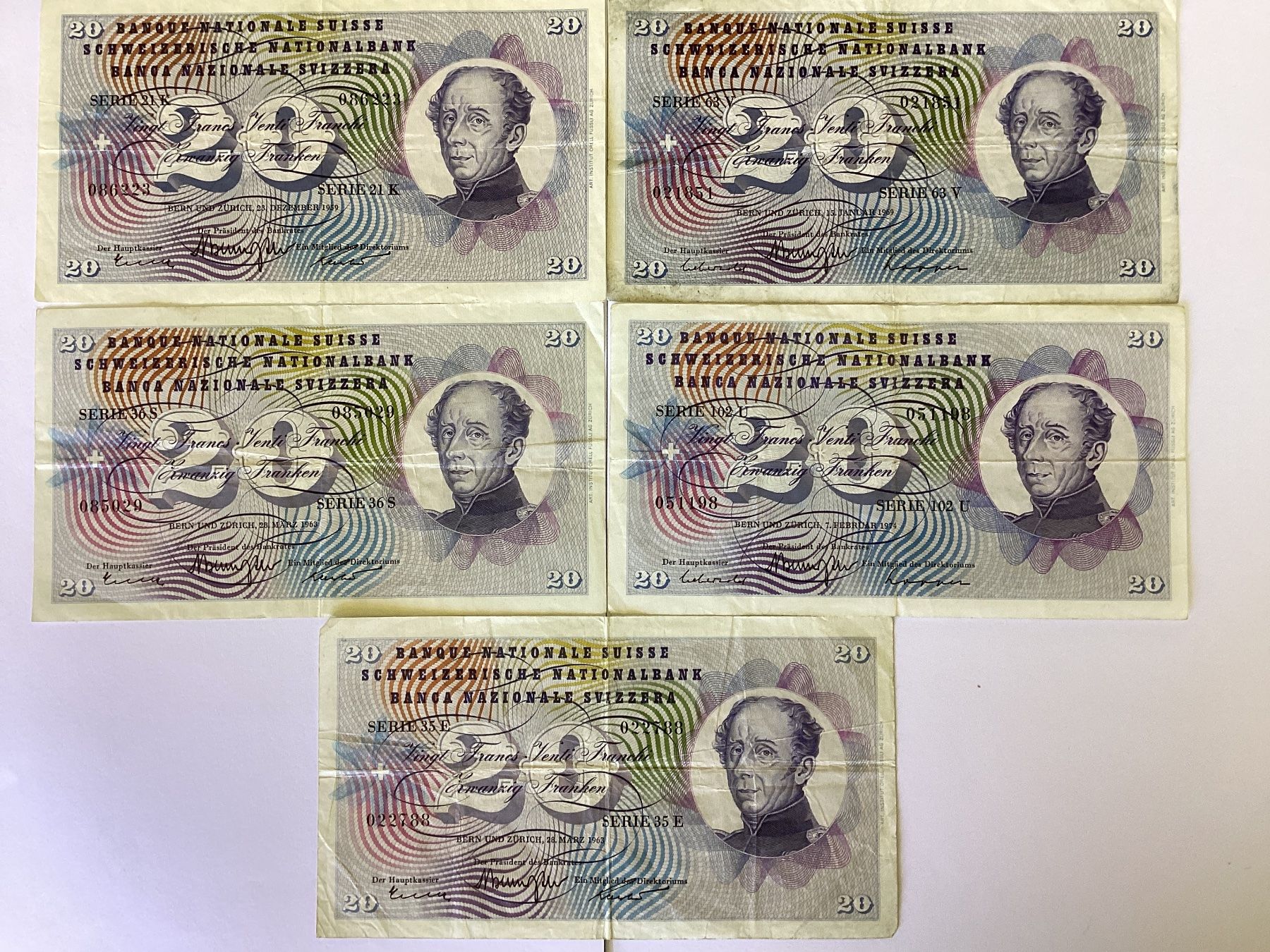 Banconote: 5  Schweizer 20 Franken-Banknoten – Usato da Buchs SG venduto da Racesnail