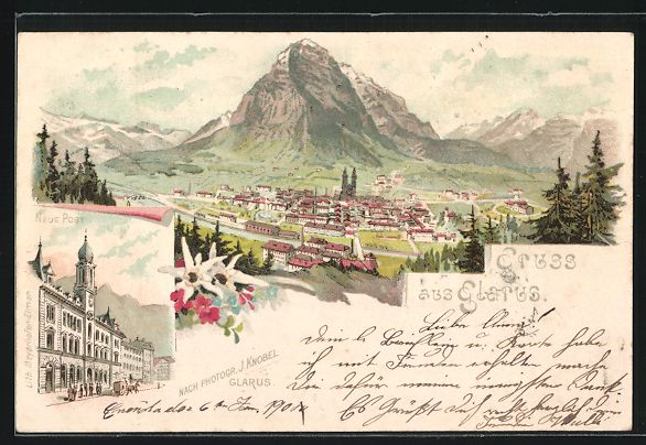 Cartoline postali: Litho Glarus, Neue Post, Gesamtansicht m – Usato da Berlin venduto da bartko-reher