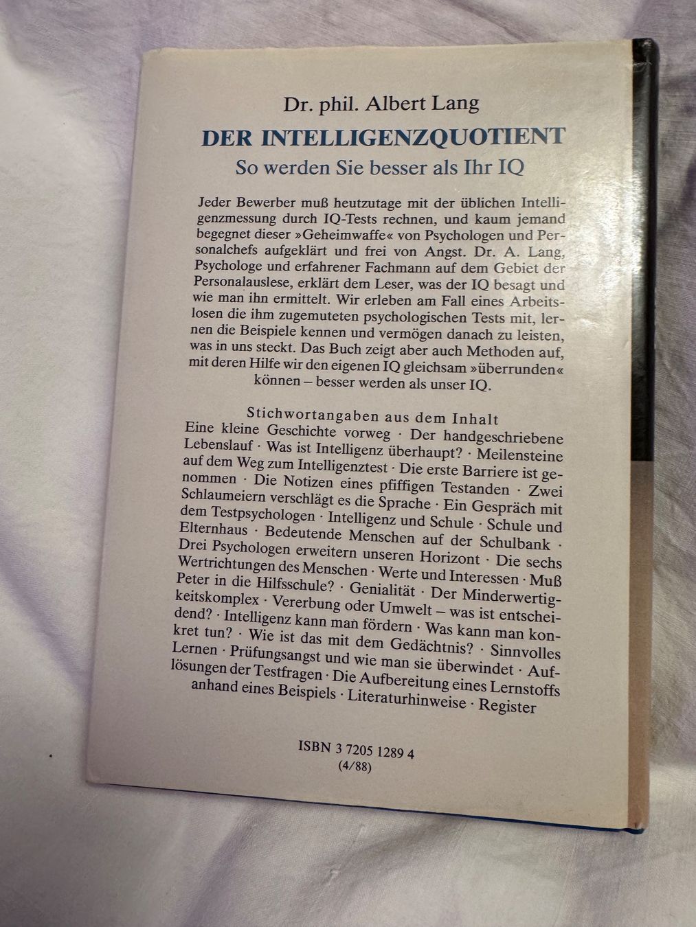 Libri: BUCH Intelligenz Quotient, Dr. phil. Albert Lang – Usato da Genève venduto da k1164 1