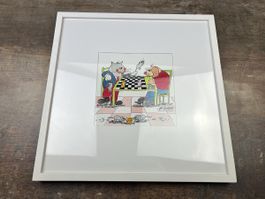 Hp. Ehrat Cats Original Bild Katze Hund Schach