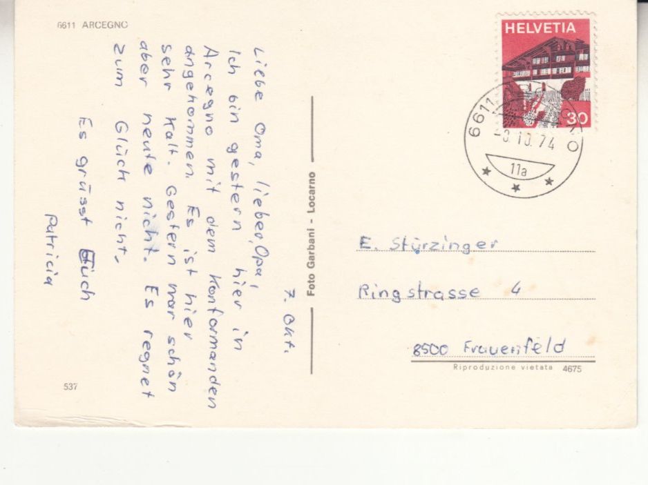 Cartoline postali: Arcegno 1974 – Usato da Bürglen TG venduto da StampGraf 1