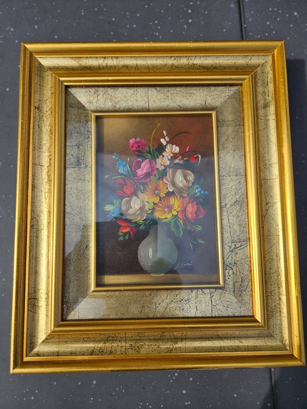 Gemälde: Blumenstillleben Gemälde graue Vase, gerahmt, sig. Leuni – Gebraucht aus Regensdorf von Ranti2