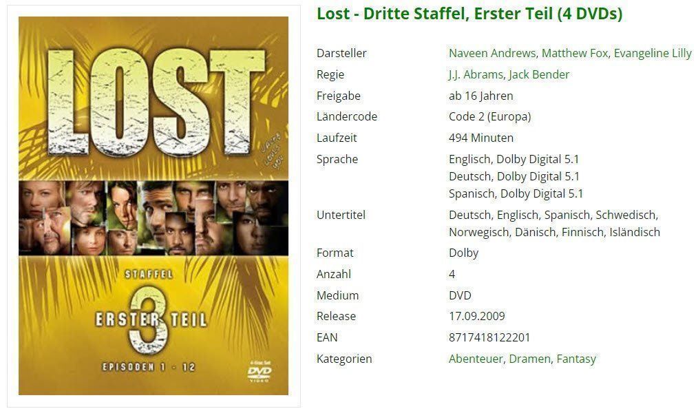 Tutti i DVDs: Lost - Dritte Staffel, 1. Teil (4 DVD's) – Usato da Emmetten venduto da SVollenweider