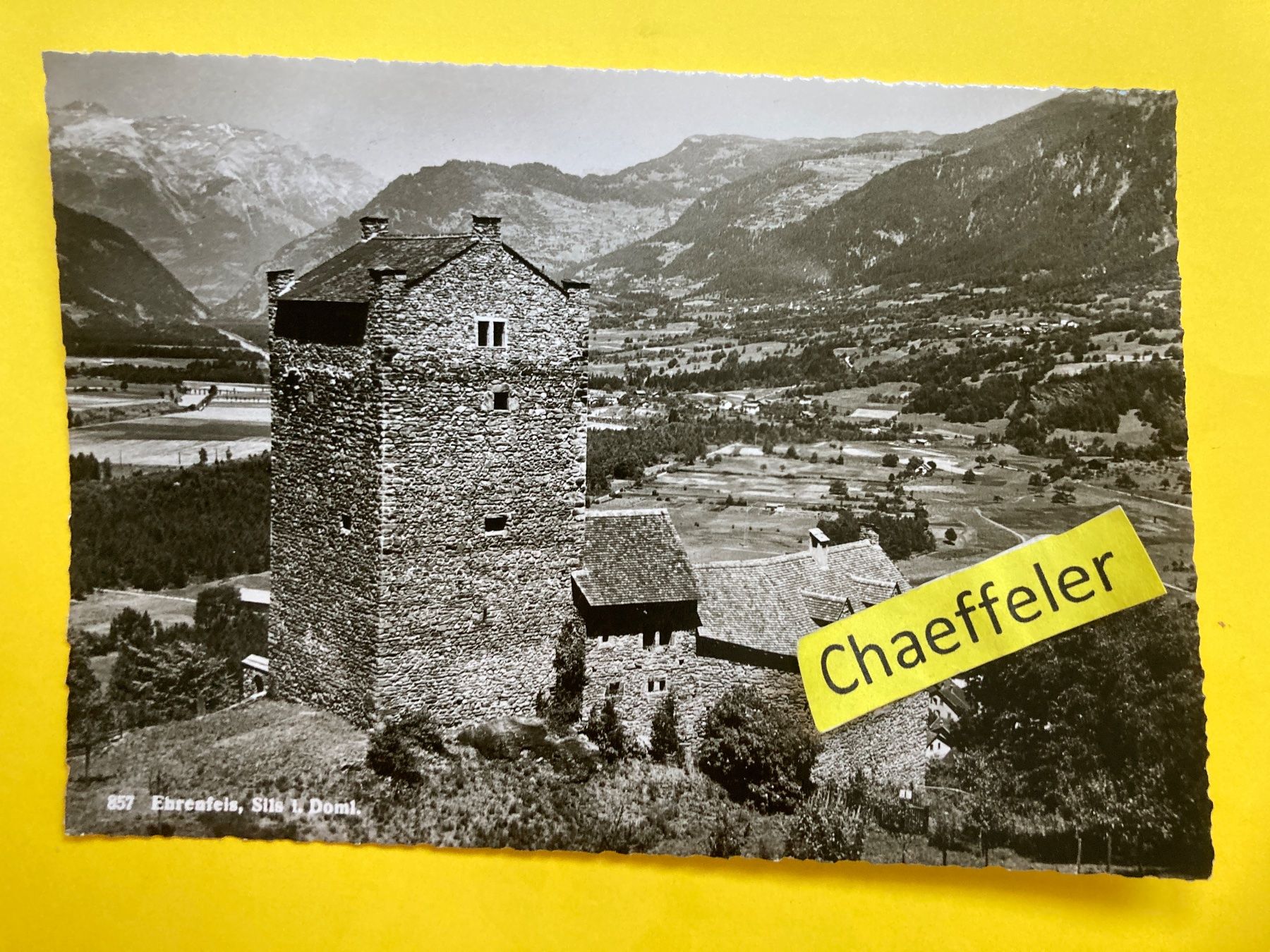 Cartoline postali: 857 Ehrenfels, Sils i. Doml. – Usato da Zürich venduto da Chaeffeler