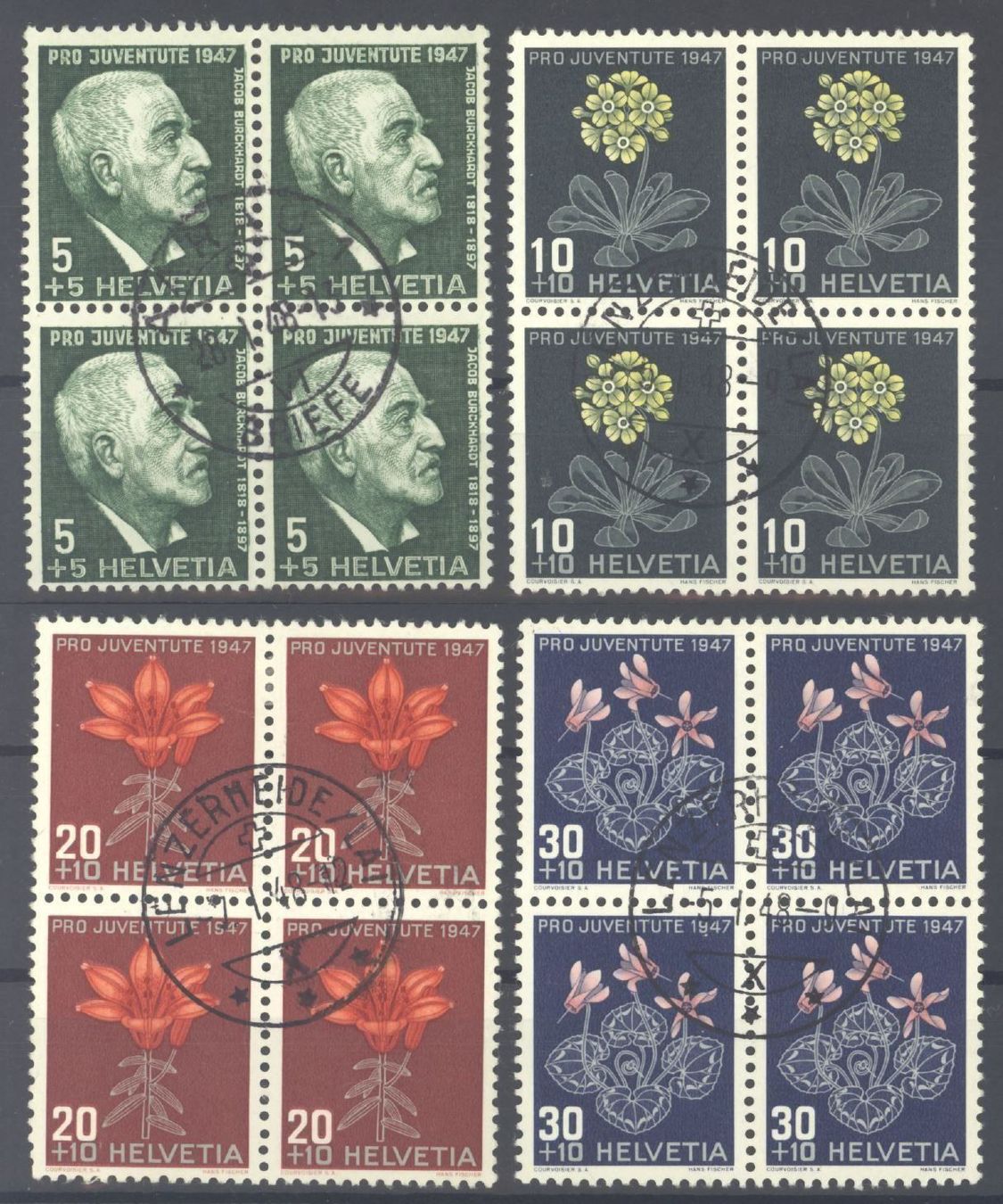 Alle Briefmarken: 1947, Pro Juventute, Viererblöcke, gestempelt – Gebraucht aus Willisau von Vollstempel
