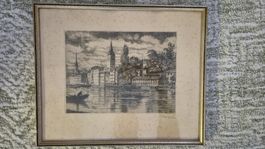 Radierung Zürich, Limmat, Schiff