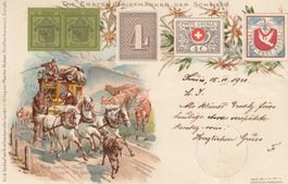 1900 Postkarte "Die ersten Briefmarken der Schweiz" Thusis
