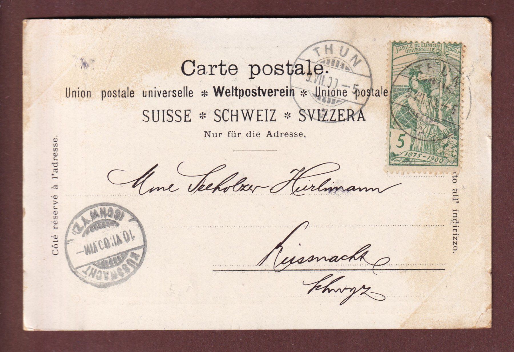 Cartoline postali: Gruss aus THUN - 1900 UPU – Usato da Pully venduto da nicecards-shop 1