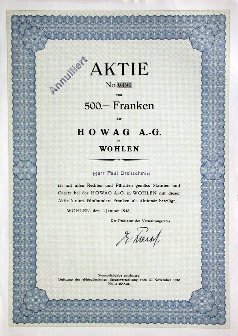 Dokumente: Howag AG Wohlen, Wohlen - 1948 – Gebraucht aus Solothurn von Sgasche