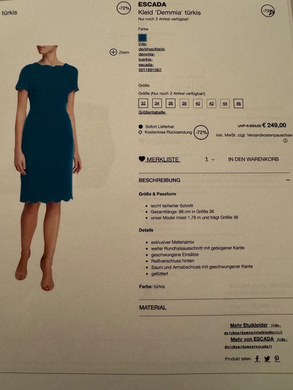 Escada Vestiti: Wunderschönens Kleid Escada türkis 36 NEU – Nuovo (secondo la descrizione) da Oberglatt ZH venduto da jul_nhy7 6