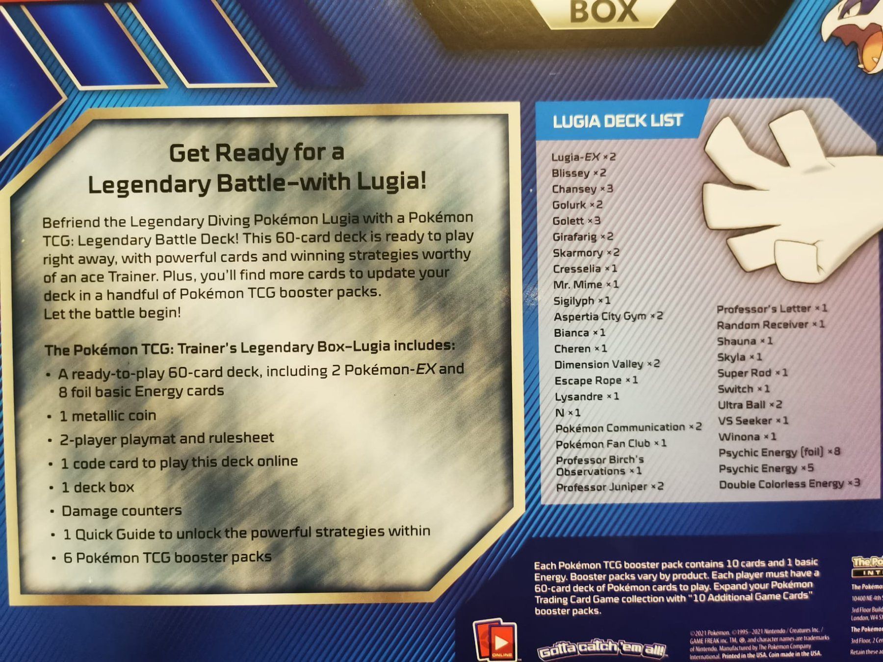 Pokemon Trainers Legendary Box Lugia EX + Seltenen Booster (Nuovo 