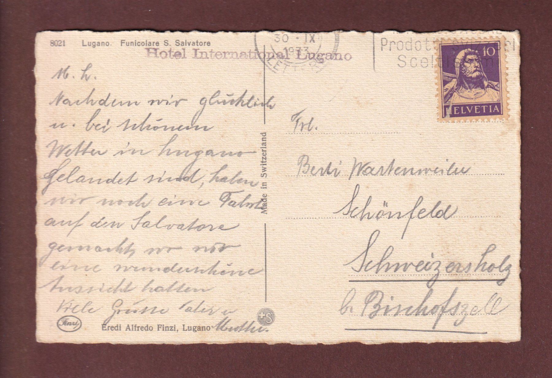 Ansichtskarten: LUGANO - Funicolare - 1933 – Gebraucht aus Pully von nicecards 1