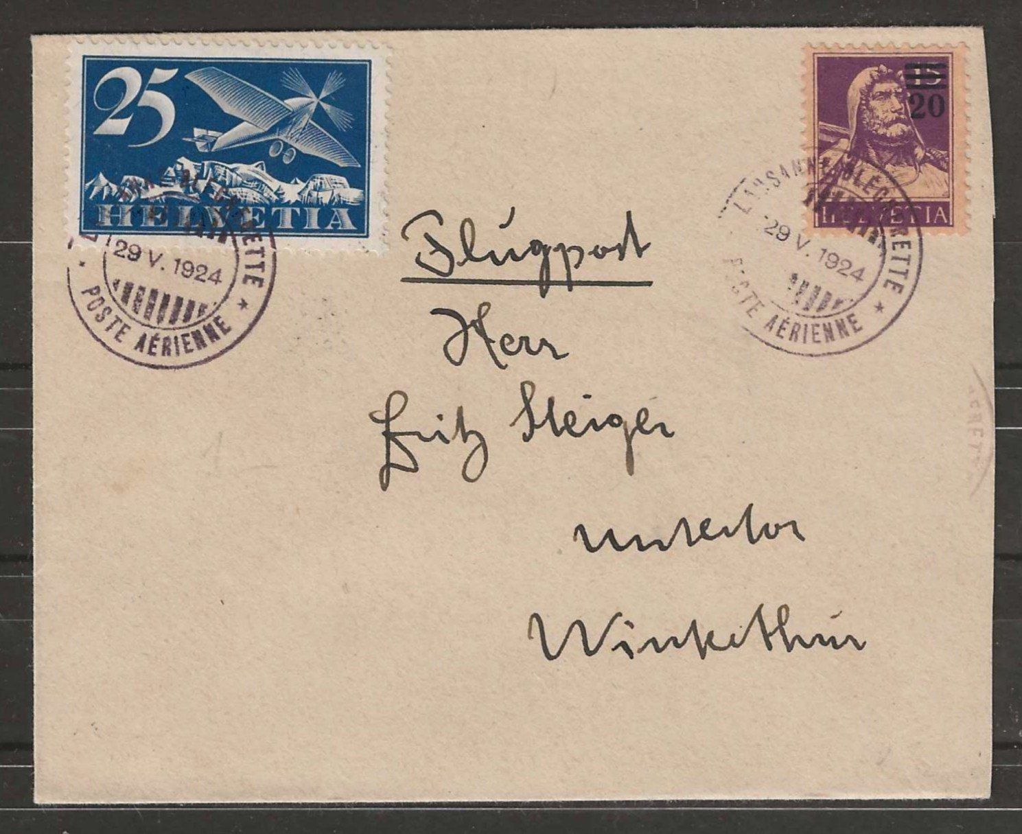 Alle Briefmarken: 1924 : Flugpost Brief Lausanne - Winterthur – Gebraucht aus Gümligen von Geniusbuy