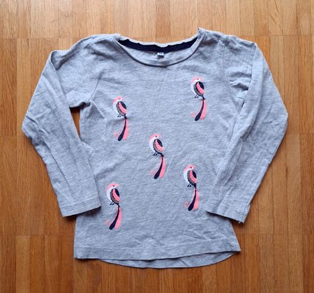 🌿🌸 Shirt mit Vogel-Muster/Druck & Pailletten, Gr.98, grau