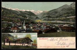 AK Zweisimmen, Pension Huzli, Ortsansicht mit Bergpanorama