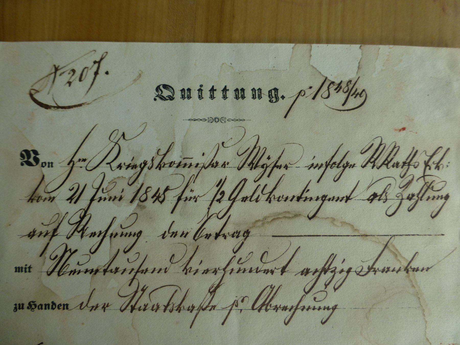 Dokumente: Solothurn, Quittung Nr. 207, 1849 – Gebraucht aus Bettlach von 1saurer 1
