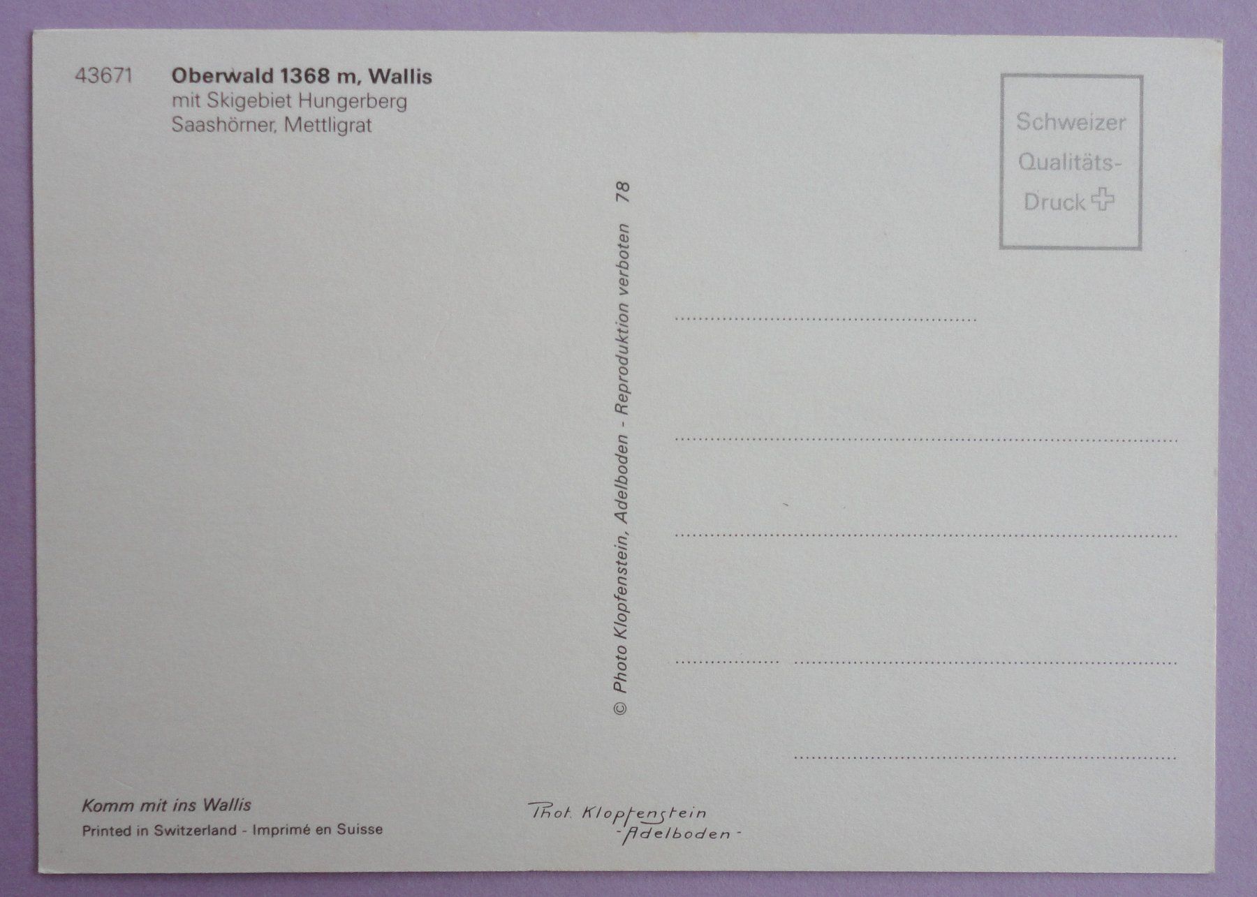 Cartoline postali: Oberwald 1368 m, Wallis – Usato da Fétigny venduto da Billy2miny 1