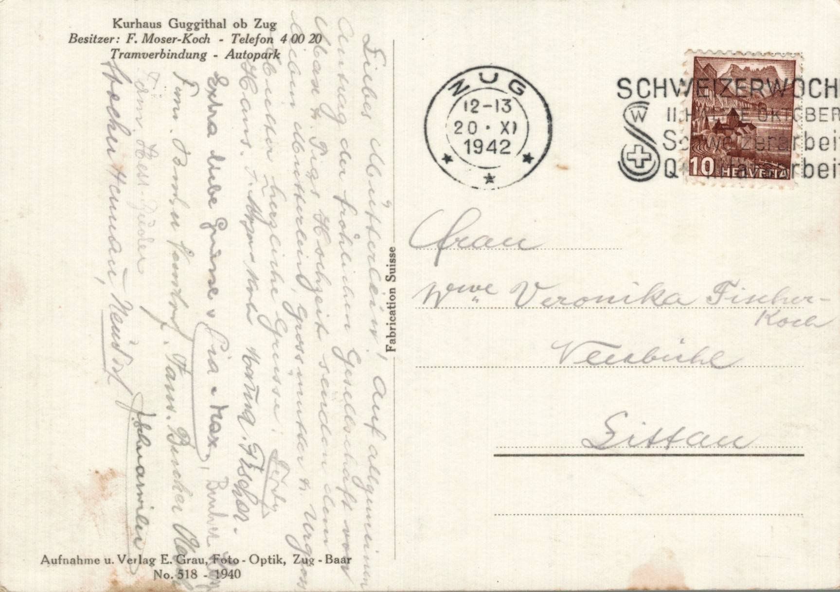 Cartoline postali: Originale Ansichtskarte Kurhaus Guggithal ob Zug, 1942 – Usato da Luzern venduto da Kartenansicht 1