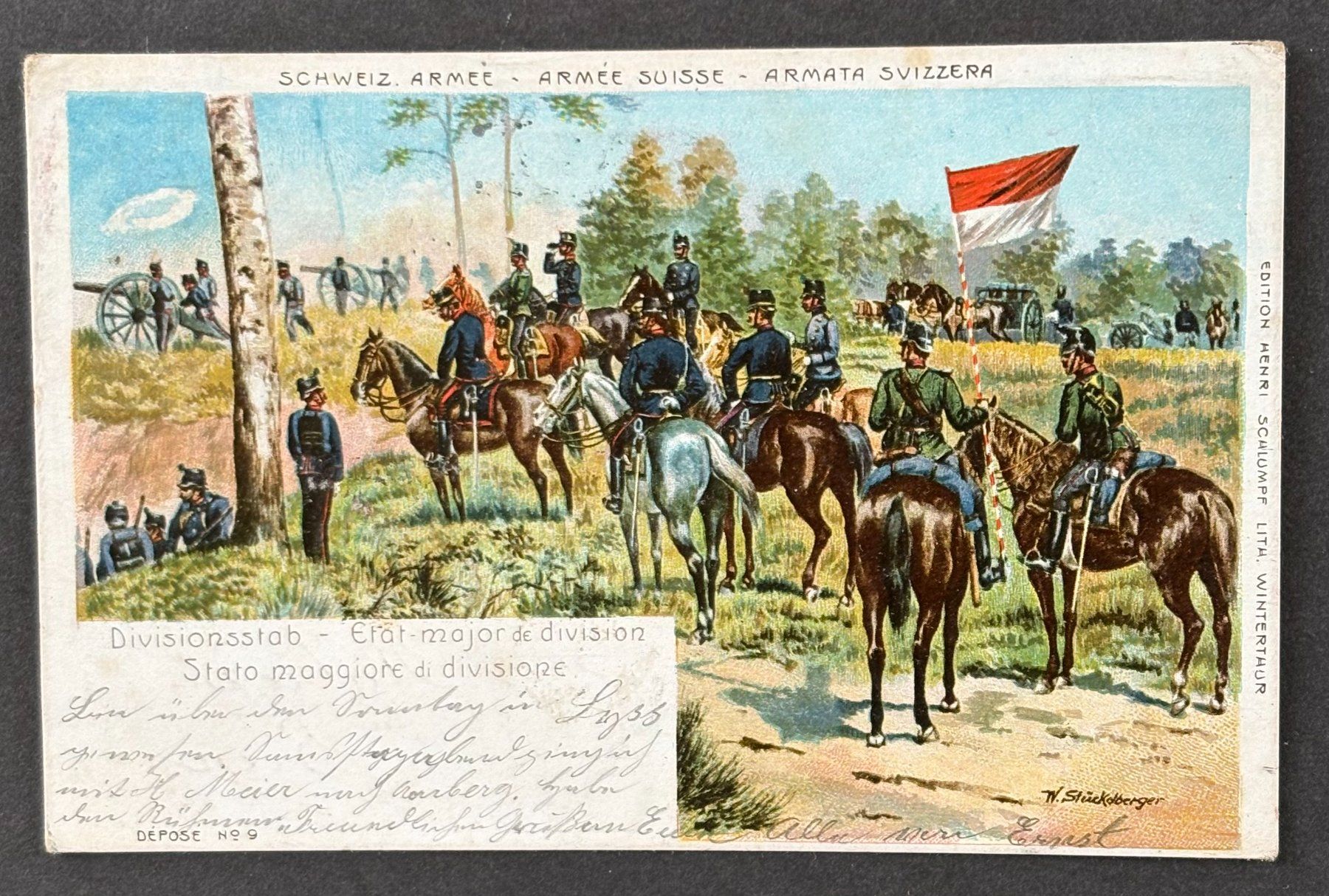 Cartoline postali: ANSICHTSKARTE SCHWEIZER ARMEE DIVISIONS STAB IM FELDE 1905 – Usato da Ostermundigen venduto da crazy-horse-1840