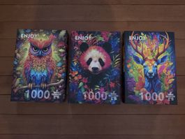 3 Enjoy Puzzles je 1000 Teile Motiv Tiere bunt, kunstvoll