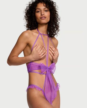 Victoria’s Secret Bow Mesh Open Cup Crotchless Playsuit NEW