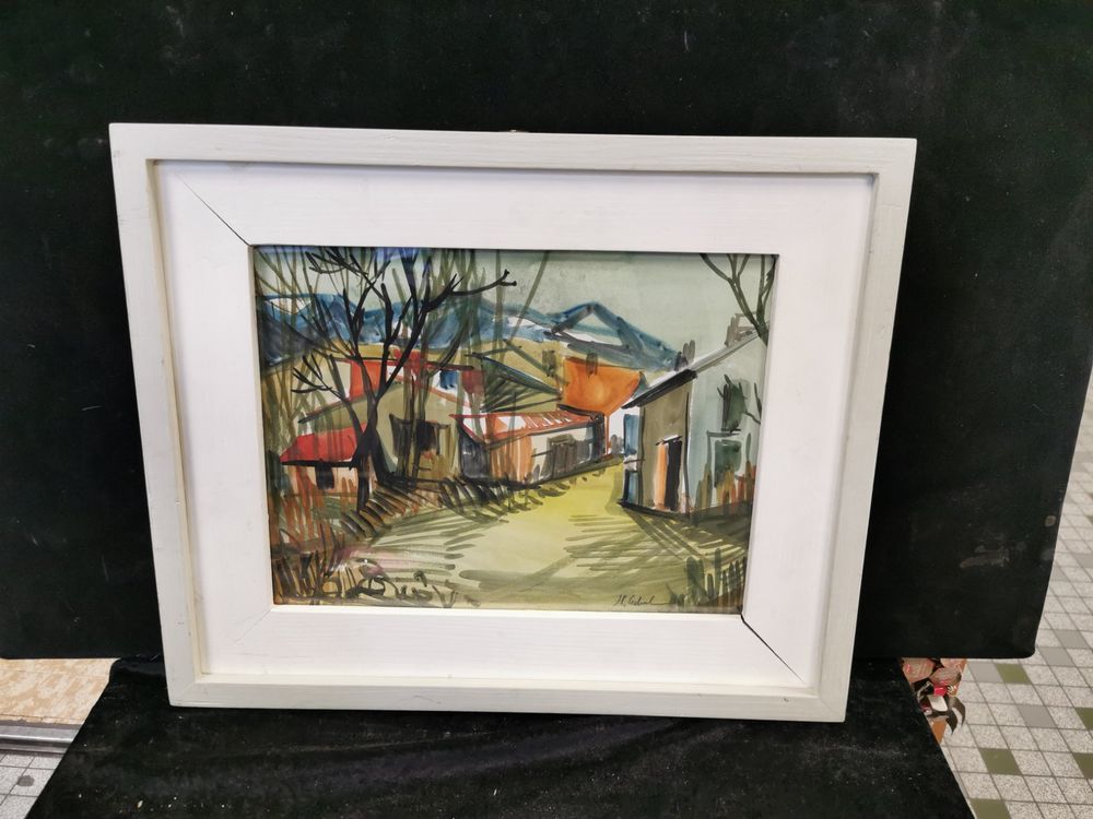 Chalet de montagne, peinture à l'huile originale, signée, encadrée, 17 x 15 pouces - France