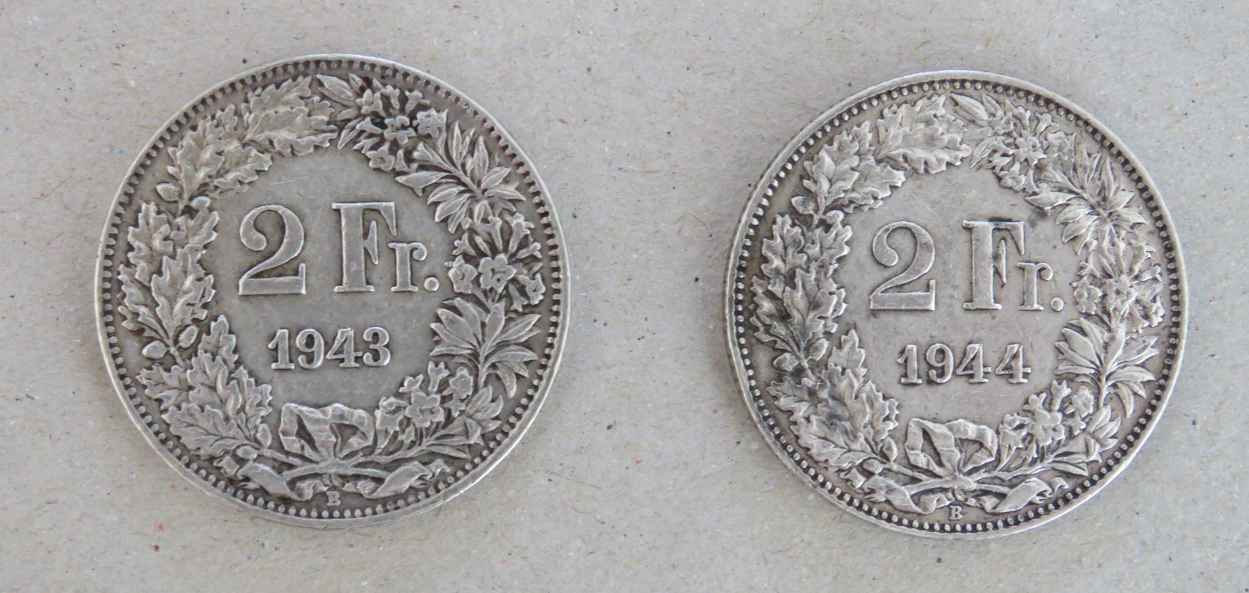 Alle Münzen: 2 mal Fr. 2.- 1943 und 1944 Silber – Gebraucht aus Kreuzlingen von Koi4