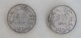 2 mal Fr. 2.- 1943 und 1944 Silber