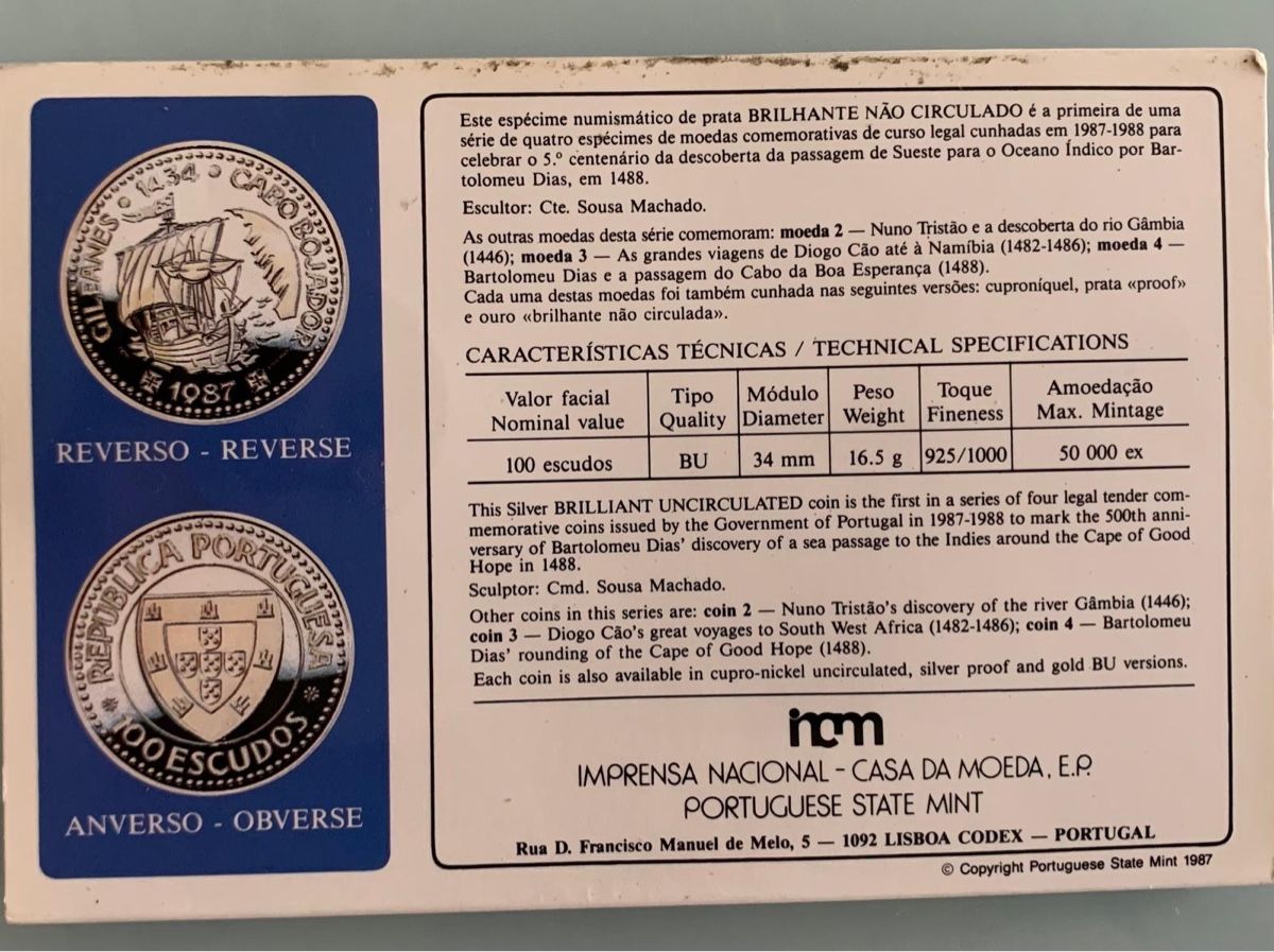 Tutti le monete: PORTUGAL 100 Escudos "Gil Eanes" 1987 SILBER – Nuovo e nell'imballaggio originale da Brügg BE venduto da mcakinho 2