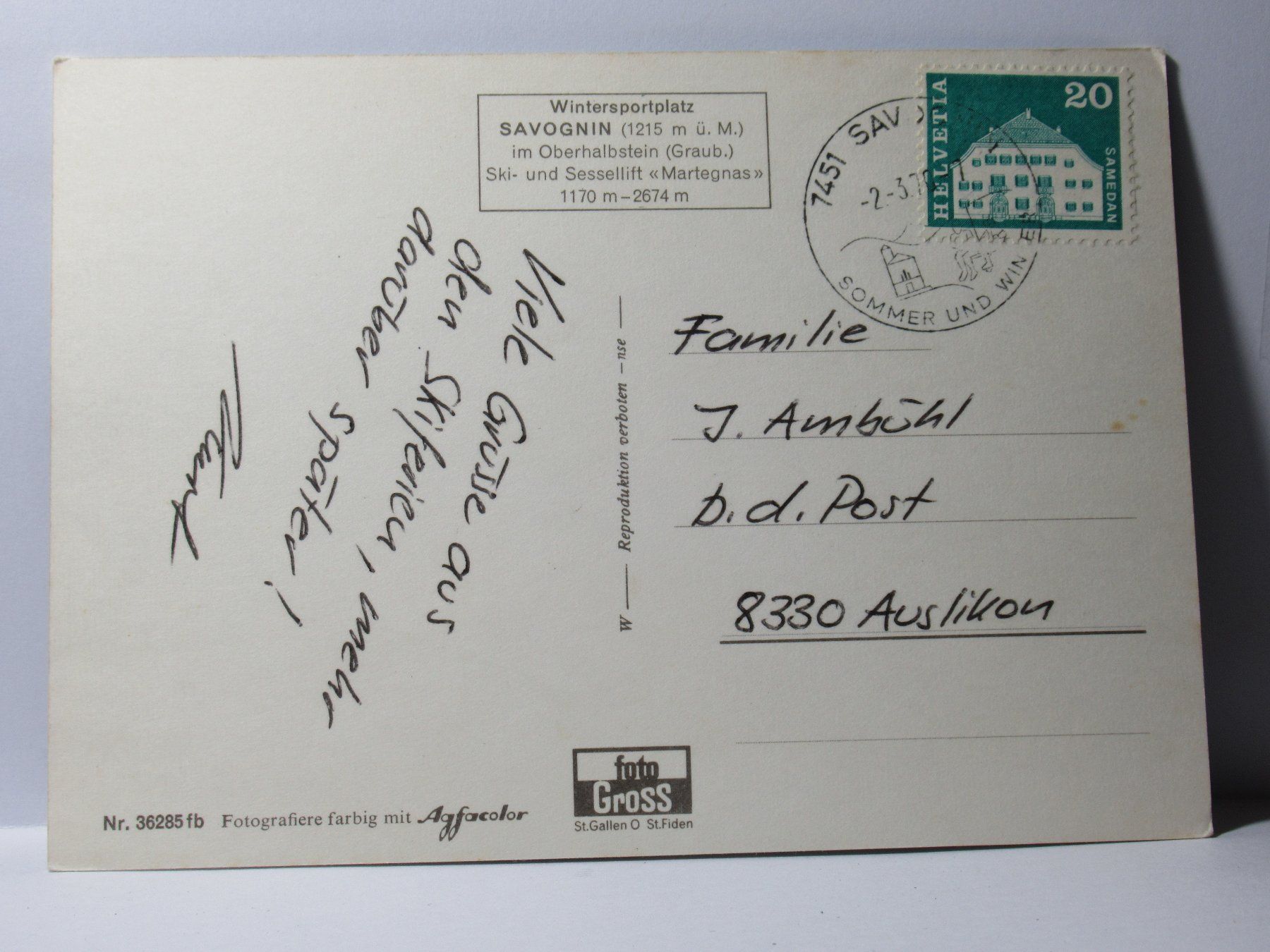 Cartoline postali: Savognin , Skiparadies , Kapelle 1970 – Usato da Grenchen venduto da Bluemchen1900 2