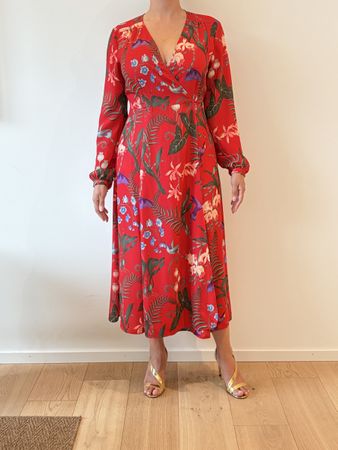 Red floral print wrap dress size M