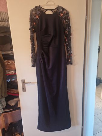 Abendkleid dunkelblau mit Blumenstickerei und Perlen lang