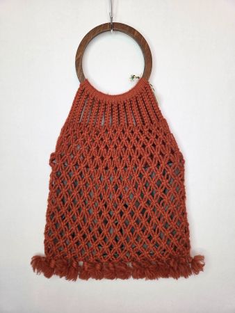 Vintage Makramee Tasche 70er Holzgriff