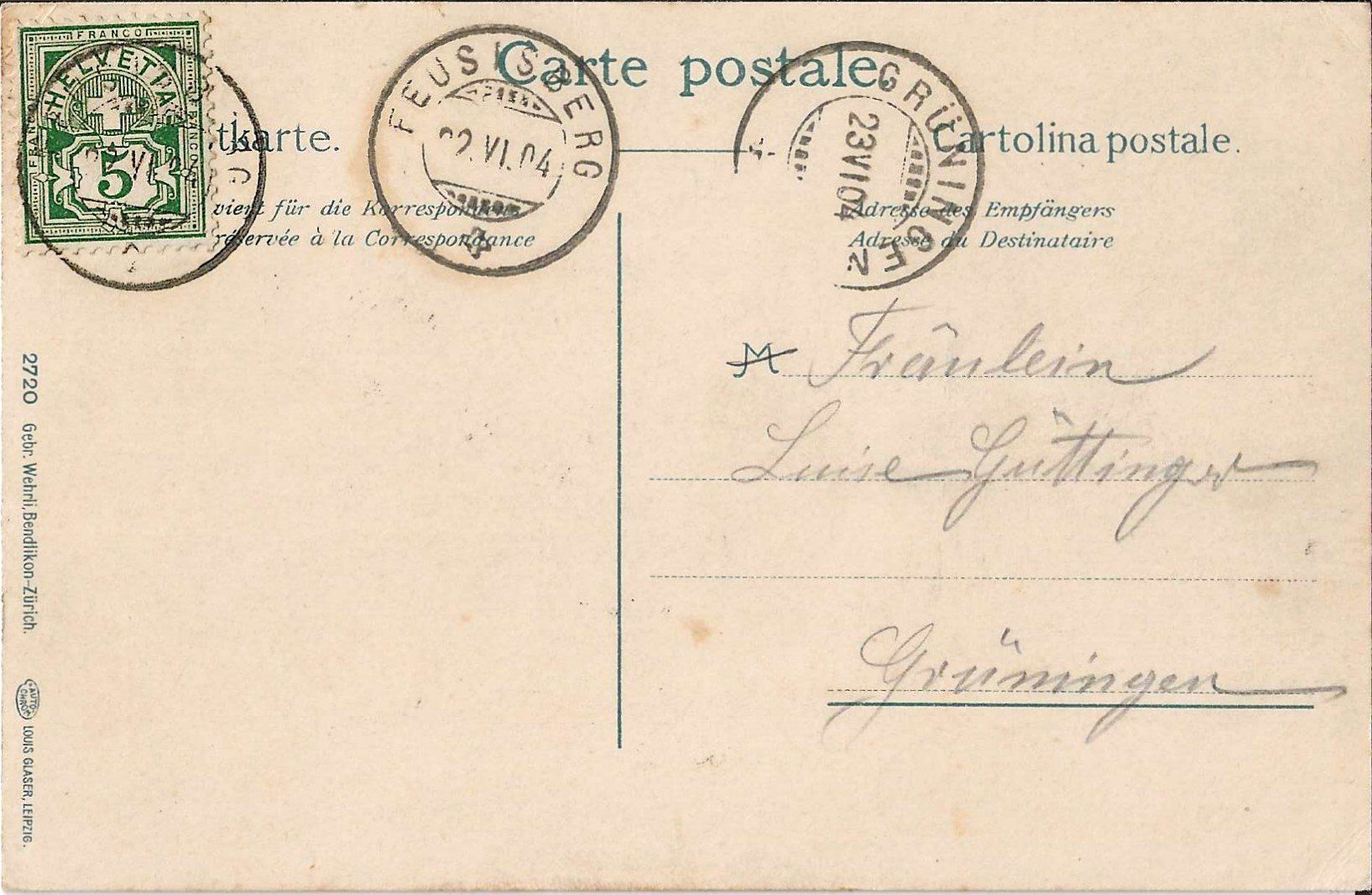 Cartoline postali: Karte Feusisgarten 1904 – Usato da Zürich venduto da Philacat11 1