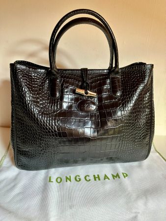 Sac Longchamp Roseau - Cuir Croco Noir - taille L