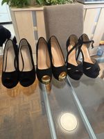 Schwarze Peeptoe-Pumps mit goldenem Absatz, Gr. 38