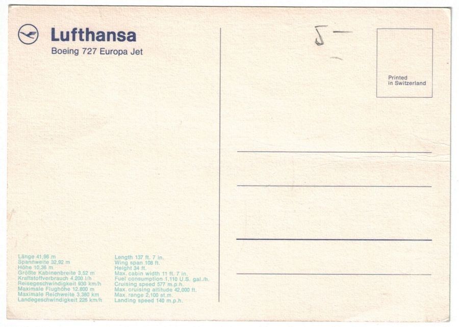 Cartoline postali: Boeing 727 Europa Jet Lufthansa – Usato da Frauenfeld venduto da POML 1