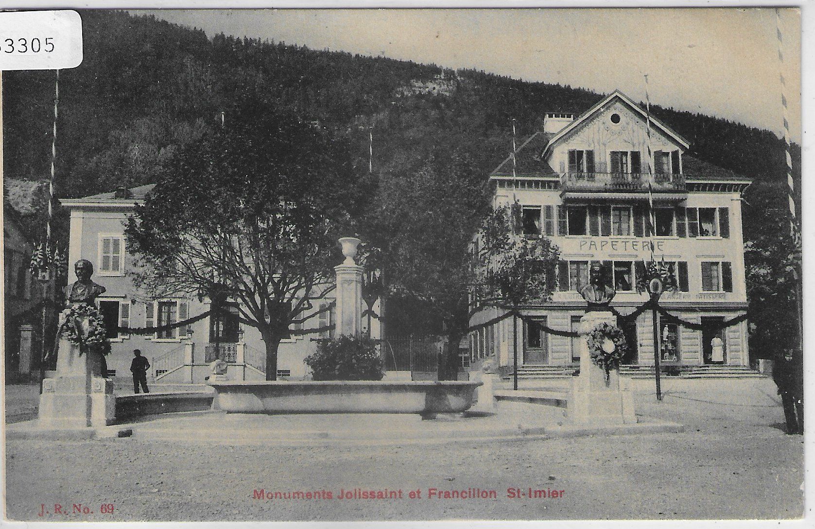 Cartoline postali: St. Imier - Monuments Jolissaint et Francillon - Papeterie – Usato da Ettingen venduto da Kartenplanet