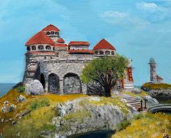 Gemälde Schloss mit Leuchtturm auf Leinwand Acryl neu