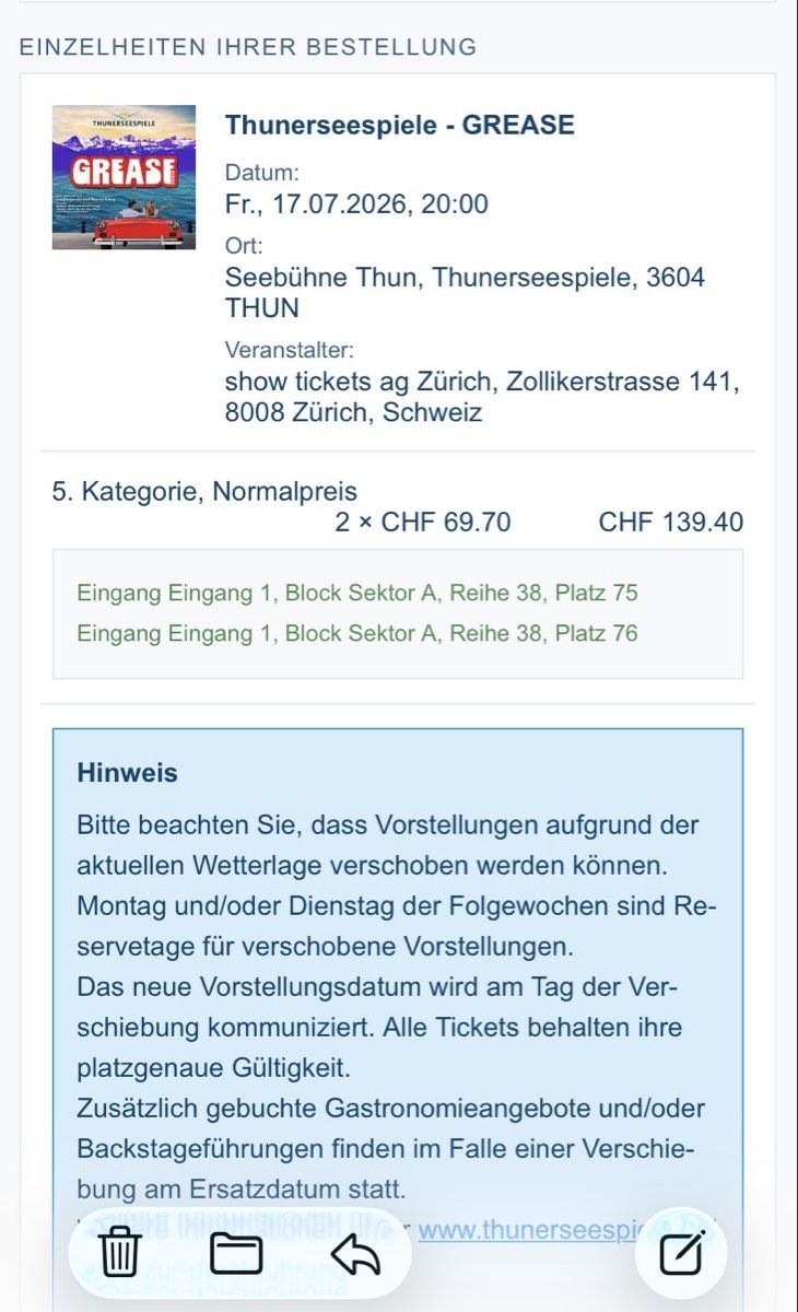 Biglietti: 2 Tickets Grease Freitag 17.7. 20 Uhr – Nuovo e nell'imballaggio originale da Luzern venduto da Kleinerprinz17 1