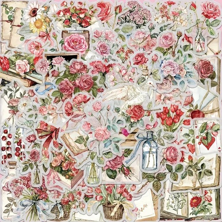 50 Stk. Sticker Aufkleber - Handgezeichnete Blumen Rosen (Neu und ...