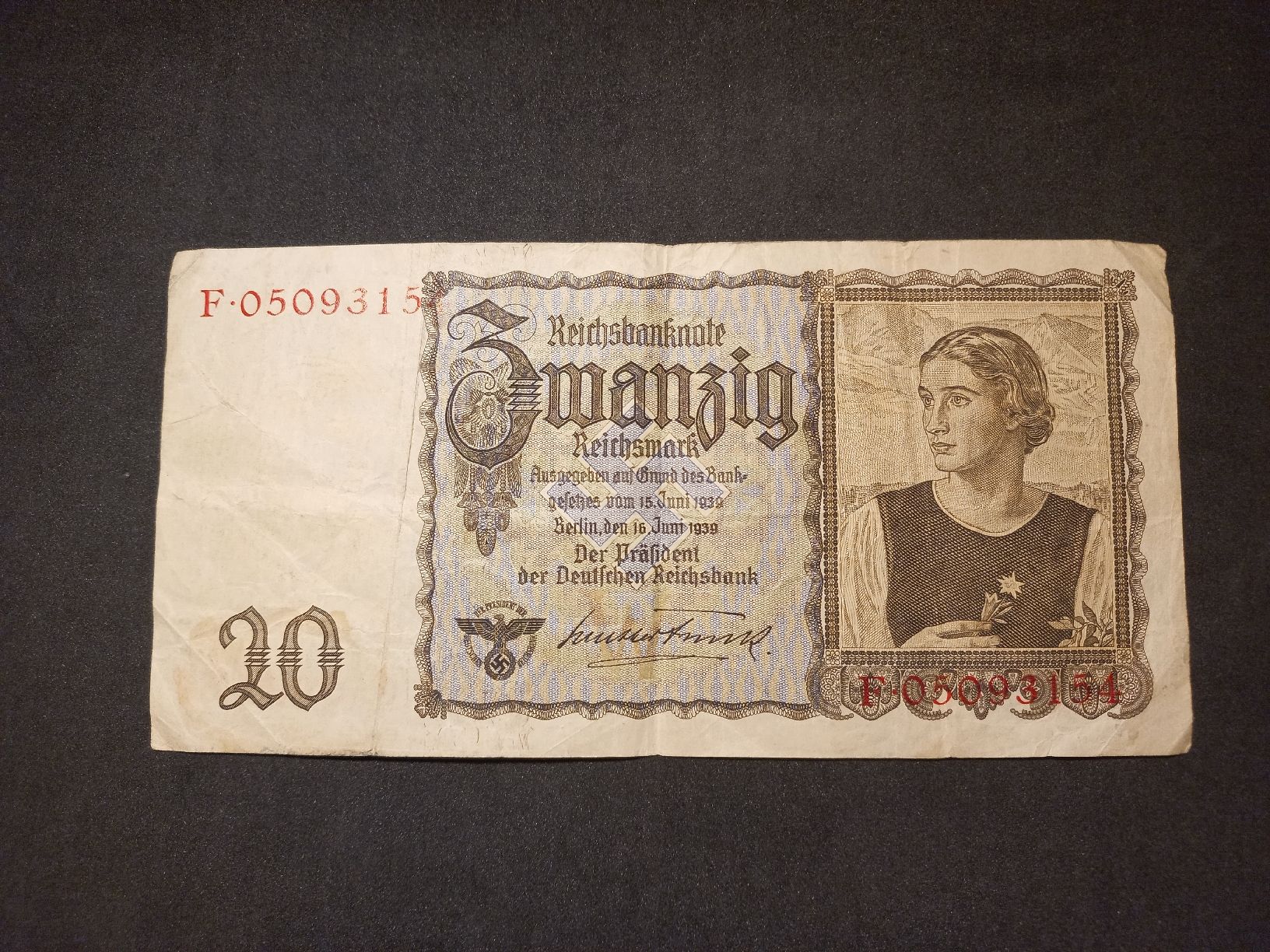 Banconote: 20 Reichsmark Banknote, 1939 – Usato da Geroldswil venduto da Antica01