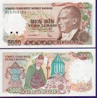 Türkei 5000 Lira  büyük mevlana  bankfrisch unz