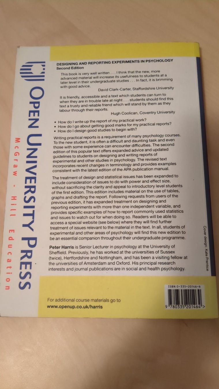 Bücher: Designing and Reporting Experiments in Psychology, P. Harris – Gebraucht aus Basel von haferkleie 1