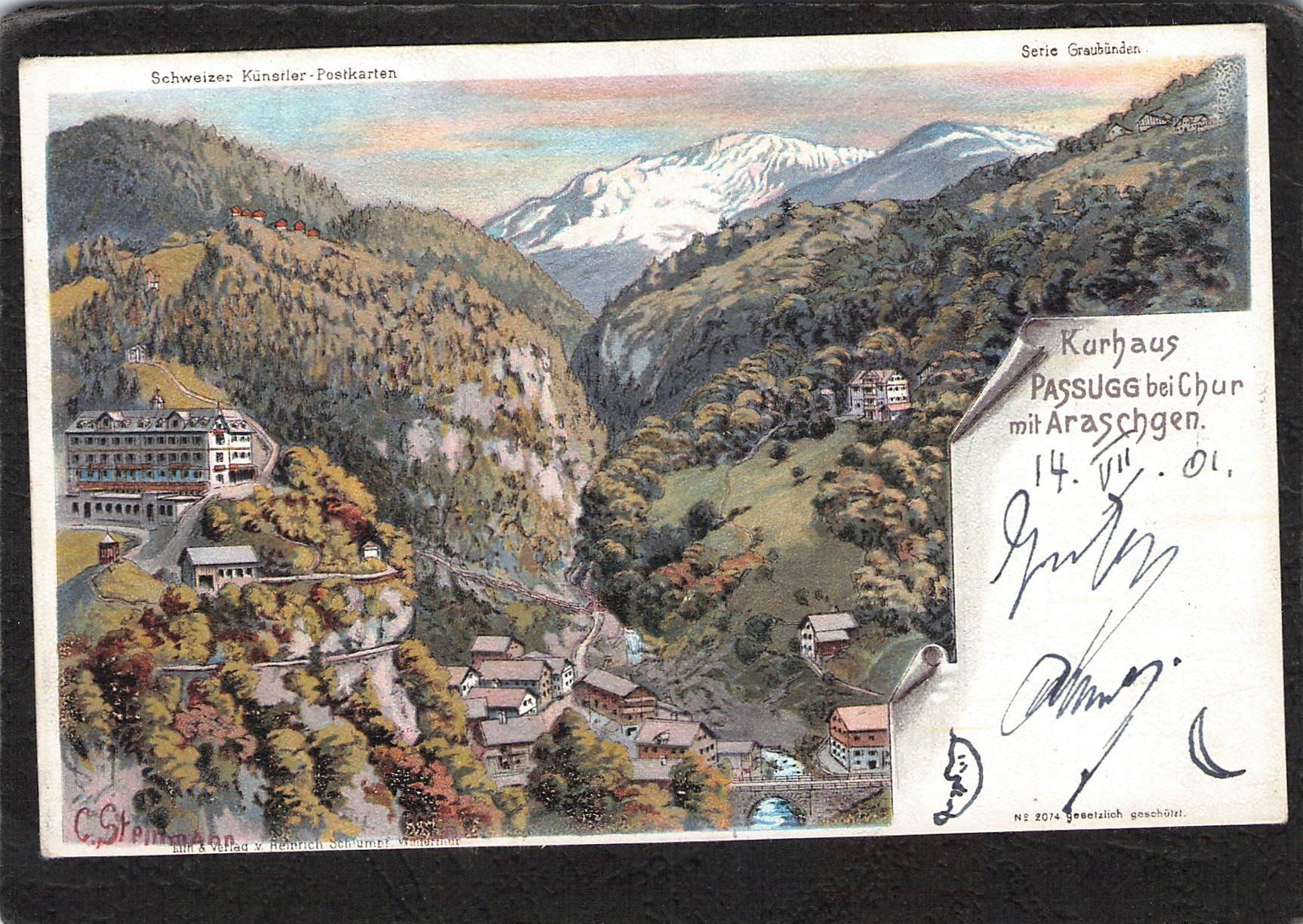 Cartoline postali: Steinmann Lithographie:Kurhaus Passugg b. Chur , gel. 1901 – Usato da Reichenburg venduto da Pipo-67