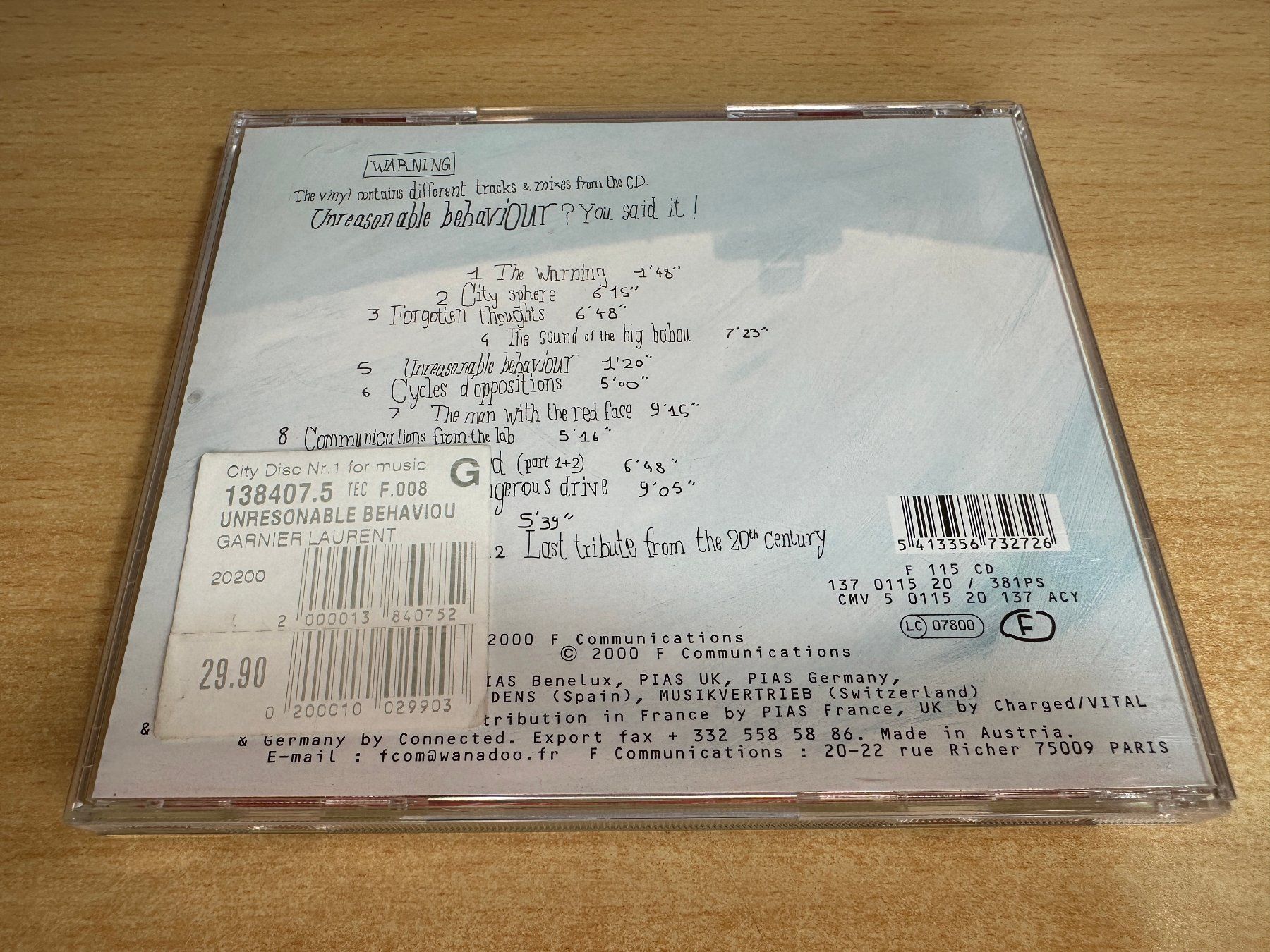 CD: P9 Laurent Garnier – Unreasonable Behaviour – Usato da Rikon im Tösstal venduto da Alpenmutz 1