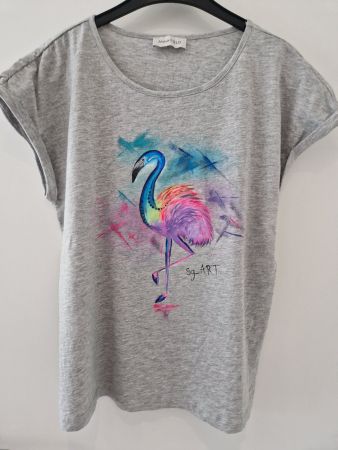 Shirt Anna Field grau Gr.L handmade Kunst Flamingo bunt Neu