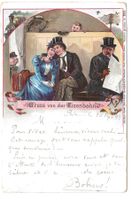 Gruss von der Eisenbahn - Liebespaar im Abteil - Litho 1899